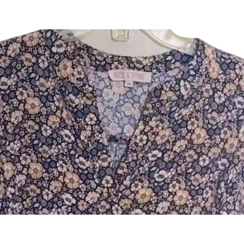 Rose & Thyme Navy Blue  V-Neck Yellow Floral Print Tie‎ Sleeve Blouse Women's XS